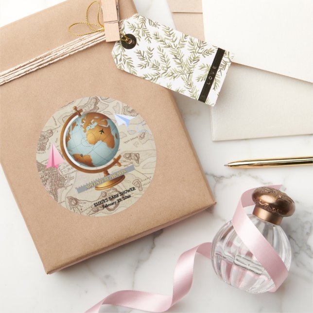 Sticker Rond Baby shower de cartes du monde Adventure Await (Cadeaux)