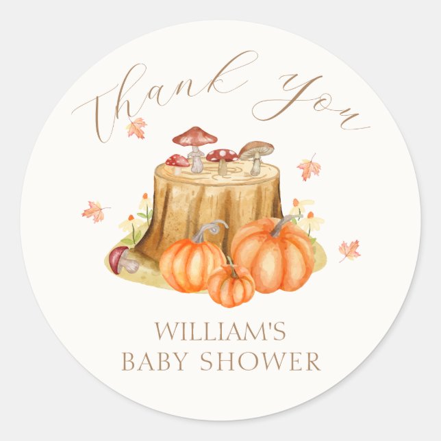Sticker Rond Baby shower de champignon Citrouille de bois (Devant)