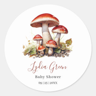 Sticker Rond Baby shower de champignons, Baby shower neutre pou