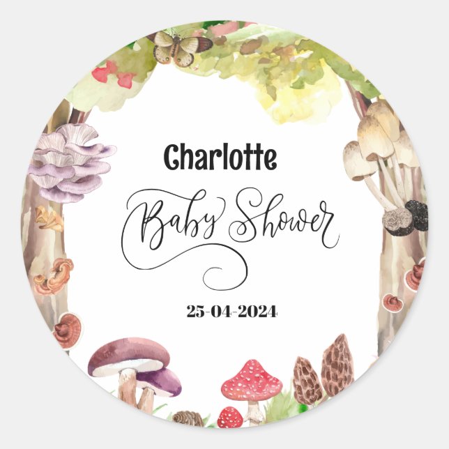 Sticker Rond baby shower de champignons forêt (Devant)