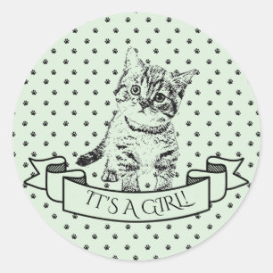 Sticker Rond Baby shower de chats Green Cute Kitten