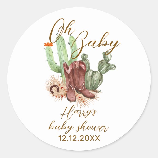 Sticker Rond Baby shower de chaussures Boho Cactus Cowboy moder (Devant)