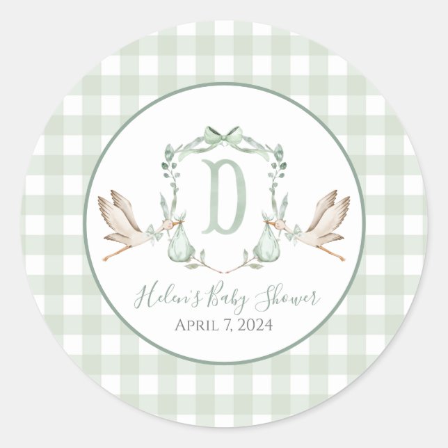 Sticker Rond Baby shower de cigogne de Preppy Southern Green (Devant)