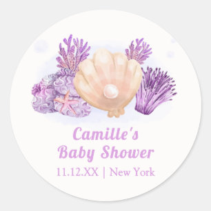 Sticker Rond Baby shower de coquillage de perles violet Retro