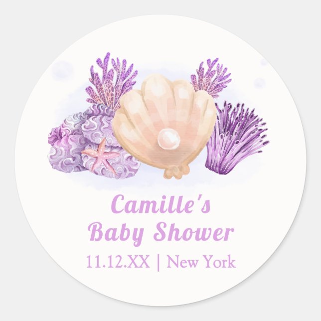 Sticker Rond Baby shower de coquillage de perles violet Retro (Devant)