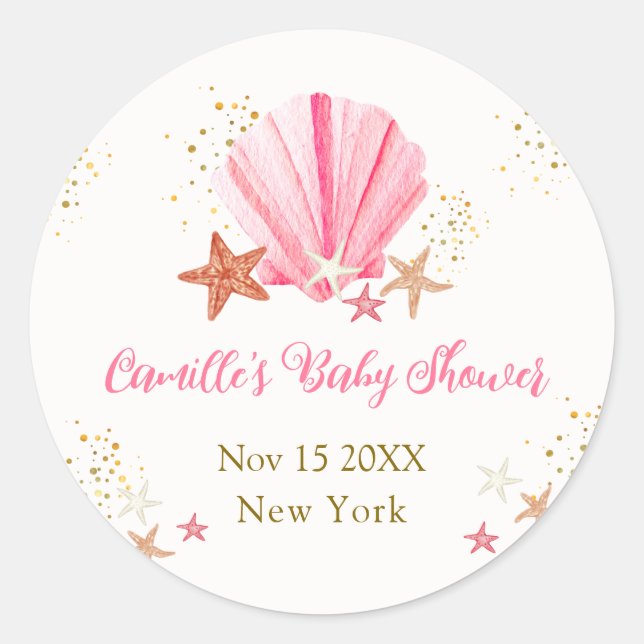 Sticker Rond Baby shower de coquillages de coquillages de poiss (Devant)
