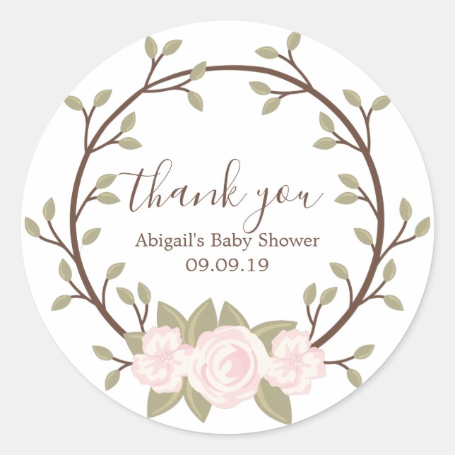 Sticker Rond Baby shower de couronne de fleurs roses (Devant)