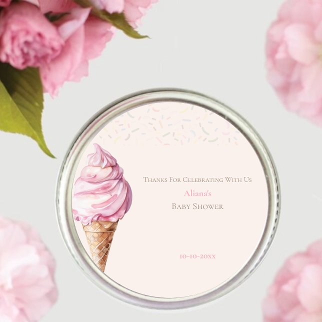 Sticker Rond Baby shower de crème glacée rose doux (Créateur téléchargé)