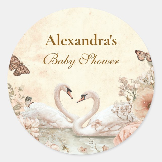 Sticker Rond Baby shower de cygne floral romantique (Devant)