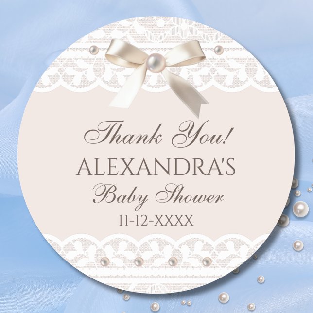 Sticker Rond Baby shower de dentelle rose Régence Bow Merci (Créateur téléchargé)