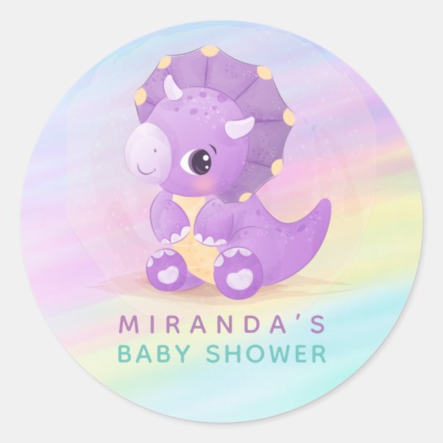 Sticker Rond Baby shower de dinosaure violet Pastel Cute (Devant)