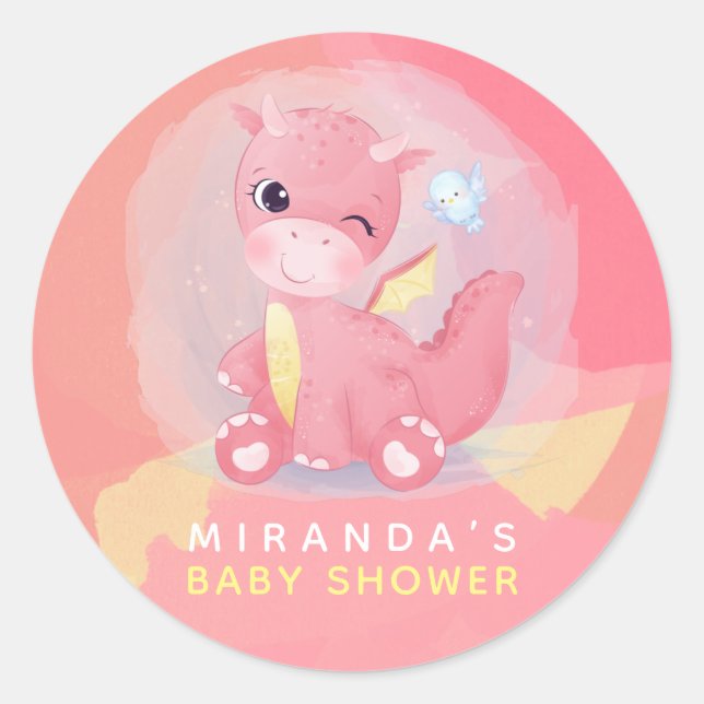 Sticker Rond Baby shower de dinosaures rose et jaune (Devant)