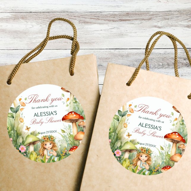 Sticker Rond Baby shower de fée de jardin enchanté (Enchanted garden forest mushroom fairy baby shower thank you favor stickers earthy green natural)