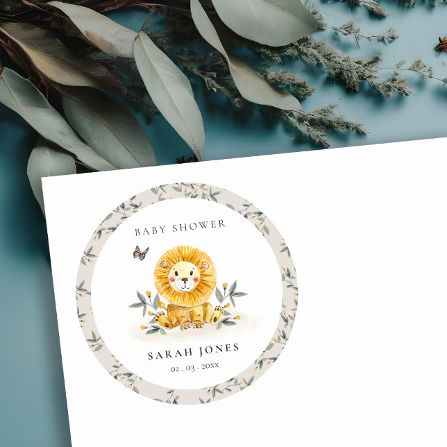 Sticker Rond Baby shower de feuillage de Lion d'aquarelle bois  (Créateur téléchargé)