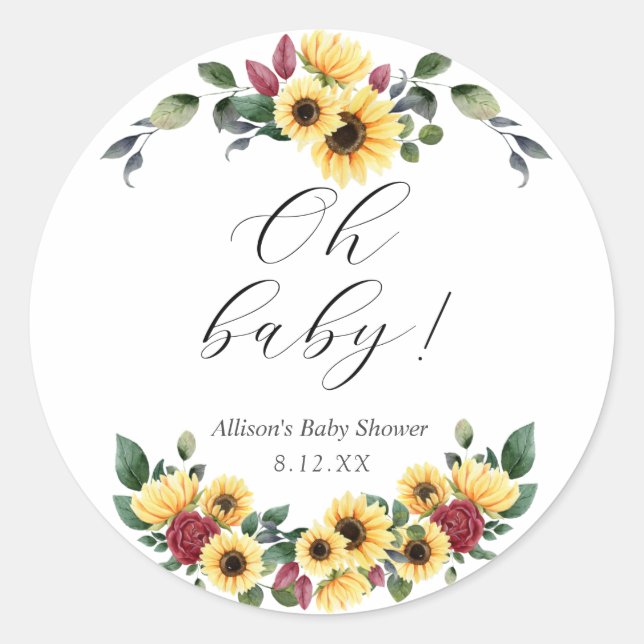Sticker rond Baby shower de feuillage de tournesol (Devant)