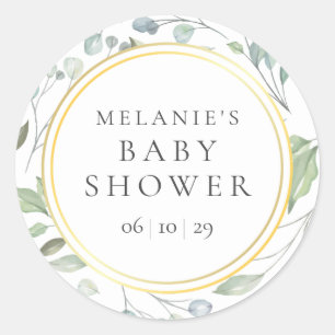 Sticker Rond Baby Shower de Feuille de Laurier en Dorure Fausse