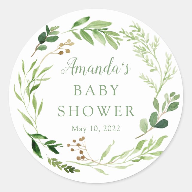 Sticker Rond Baby shower de feuilles vertes botaniques (Devant)