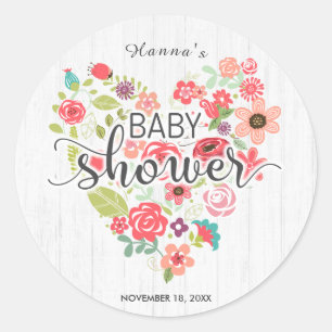 Sticker Rond Baby shower de fille au coeur rose et bois blanc