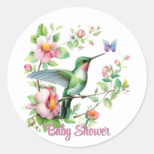 Sticker Rond Baby shower de fille aux colibris et aux papillons