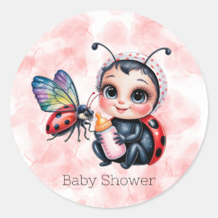 Sticker Rond Baby shower de fille de coccinelle et papillon