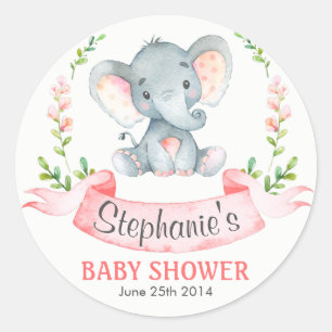 Sticker Rond Baby shower de fille d'éléphant d'aquarelle