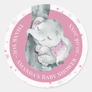 Sticker Rond Baby shower de fille d'hiver Pink Snowflake Eléph