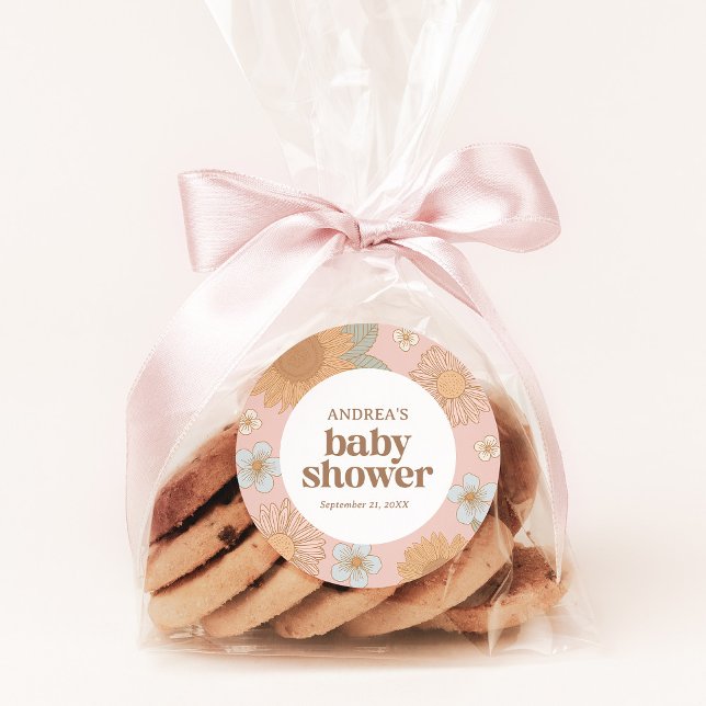 Sticker Rond Baby shower de fille Fleur sauvage rétros (Créateur téléchargé)
