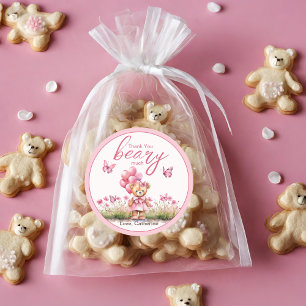Sticker Rond Baby shower de fille papillon rose de l'ours en pe