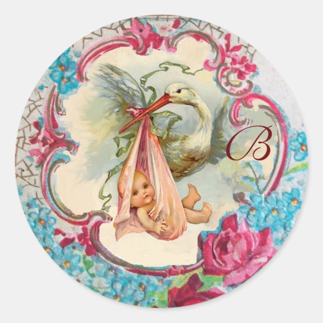 STICKER ROND BABY SHOWER DE FILLES EN BOUCHE ROSES ROSES ROSES  (Devant)