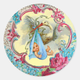 STICKER ROND BABY SHOWER DE FILLES EN COURSE ROSES ROSES ROSES 
