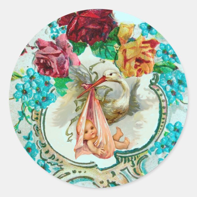 STICKER ROND BABY SHOWER DE FILLES EN STORK ROSES ROSES ROSES E (Devant)