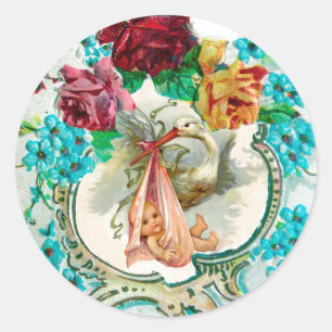 STICKER ROND BABY SHOWER DE FILLES EN STORK ROSES ROSES ROSES E