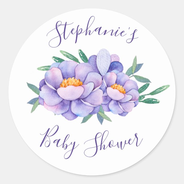 Sticker Rond Baby shower de fleurs d'aquarelle violet personnal (Devant)