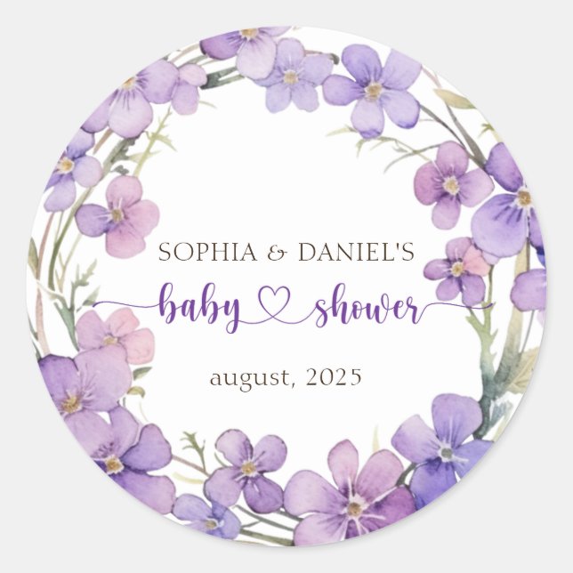 Sticker Rond Baby shower de fleurs de violet délicates au print (Devant)
