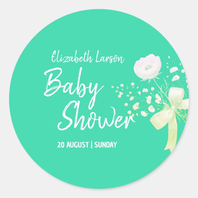 Sticker Rond Baby shower de fleurs sauvages couleur verte douce (Devant)
