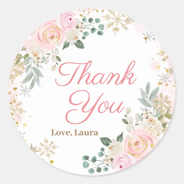 Sticker Rond Baby shower de flocon de neige rose hiver (Devant)