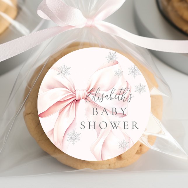 Sticker Rond Baby shower de flocons de neige de Bow rose (Créateur téléchargé)