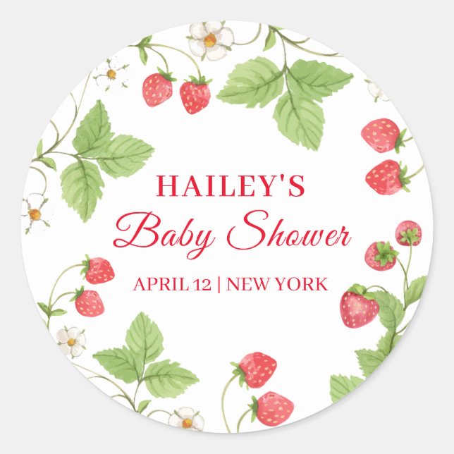 Sticker Rond Baby shower de fraise doux simple (Devant)