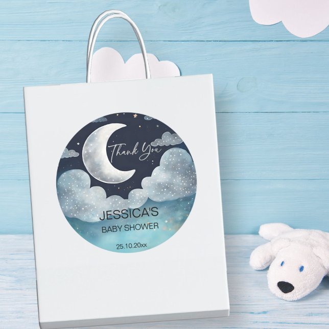 Sticker Rond Baby shower de galaxie de lune merci pour (Moon galaxy baby shower thank you favor sticker navy blue sky silver  moon favor stickers)