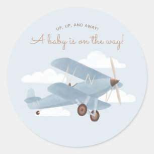 Sticker Rond Baby shower de garçon d'avion Vintage voyage