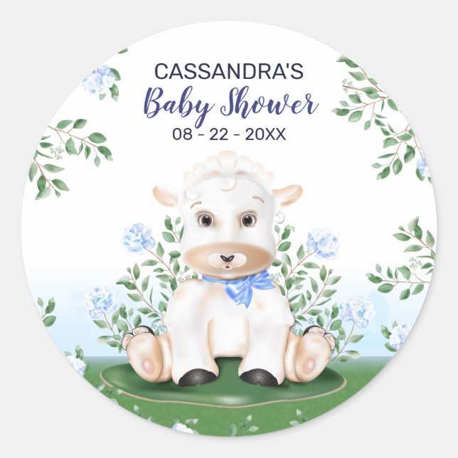 Sticker Rond Baby shower de garçon de fleurs bleu d'agneau (Devant)