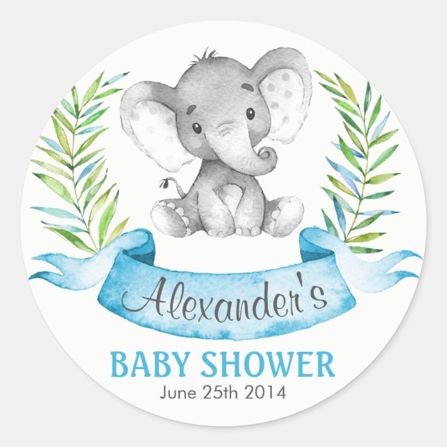 Sticker Rond Baby shower de garçon Elephant aquarelle (Devant)