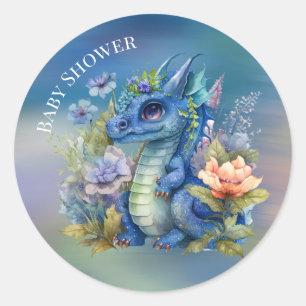 Sticker Rond Baby shower de garçon Navy Blue Dragon