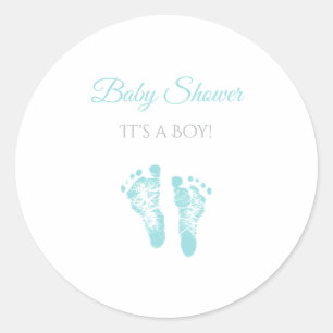 Sticker Rond Baby shower de garçon simple Empreintes bleues pré
