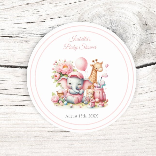 Sticker Rond Baby shower de golf Pink Baby Girl Elephant & Gira (Add this sticker to your invitations, envelopes, favor bags! )