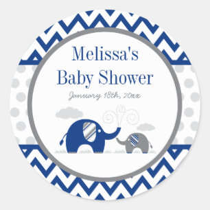 Sticker Rond Baby shower de gris de bleu marine d'éléphant