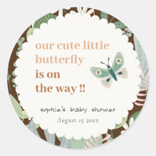 Sticker Rond Baby shower de jardin à papillons rétros Brown du 