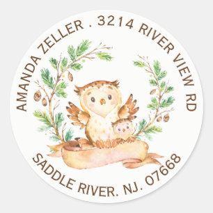 Sticker Rond Baby shower de la Chouette des bois Adresse de ret