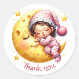 Sticker Rond Baby Shower de la fille qui dort avec la Lune