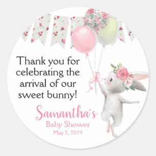 Sticker Rond Baby shower de lapin à fleurs de printemps merci a